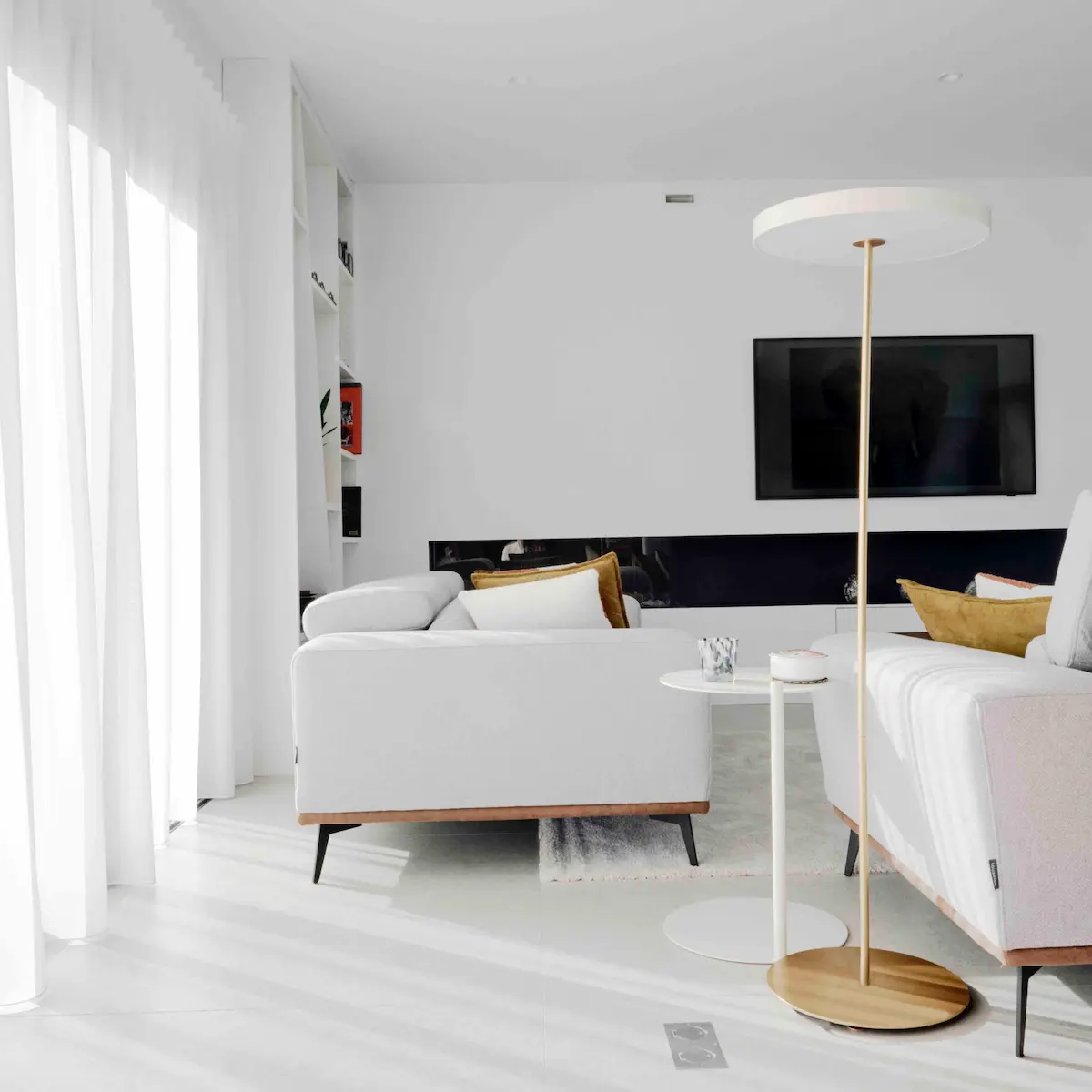 Salon avec des meubles design et une cheminée à foyer fermé